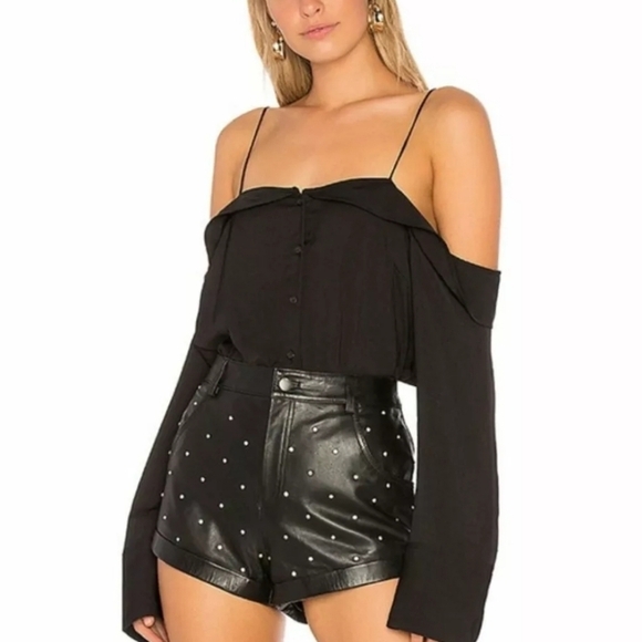 Free People Walk This Way Off the Shoulder Black Satin Button Blouse Small - Picture 14 of 14